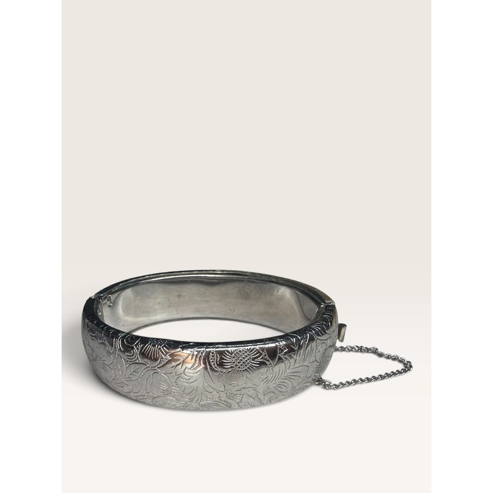 Vintage Silver Tone Hinged Bangle Bracelet Etched Floral Engraving